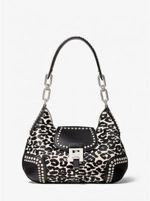 Michael Kors Bancroft Medium Leopard Calf Hair And Studded Leren Schoudertassen Dames Wit | 023615-QXA