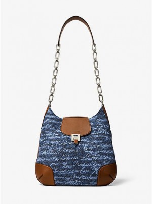 Michael Kors Bancroft Oversized Signature Print Denim Schoudertassen Dames Blauw | 378605-EHI