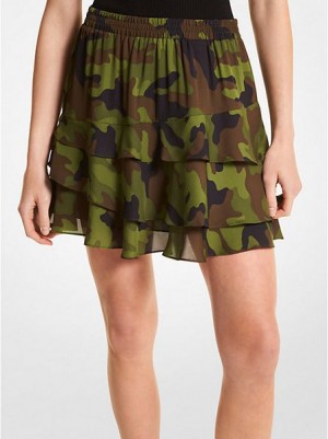 Michael Kors Camouflage Silk Georgette Ruffled Rokken Dames Olijfgroen | 610257-GCY