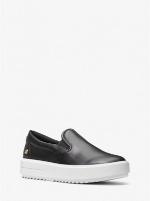 Michael Kors Emmett Leren Slip On Sneakers Dames Zwart | 904861-EIY