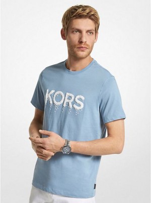 Michael Kors Grafische Logo Katoenen T-shirts Heren Blauw Wit | 274931-HLZ