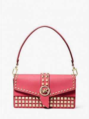 Michael Kors Greenwich Medium Studded Saffiano Leren Schoudertassen Dames Rood | 042369-CKA