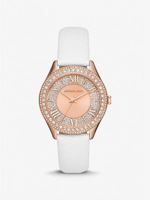 Michael Kors Harlowe Pave And Lizard Embossed Leren Riemen Horloge Dames Roze Goud | 674802-LHM