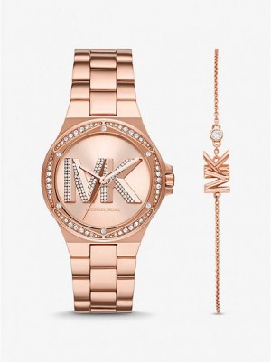 Michael Kors Lennox Pave Logo Horloge Dames Roze Goud | 083259-PBW