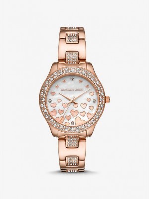 Michael Kors Mini Liliane Pave Heart Horloge Dames Roze Goud | 094527-WMV