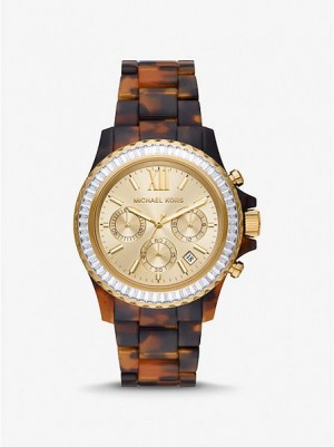 Michael Kors Oversized Everest Pave And Tortoiseshell Bio-based Acetate Horloge Dames Goud | 072349-PZN