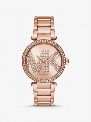 Michael Kors Oversized Pave Logo Horloge Dames Roze Goud | 951376-RGU