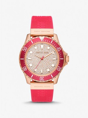 Michael Kors Oversized Slim Everest Pave And Embossed Siliconen Horloge Dames Rood Roze Goud | 196520-SHA