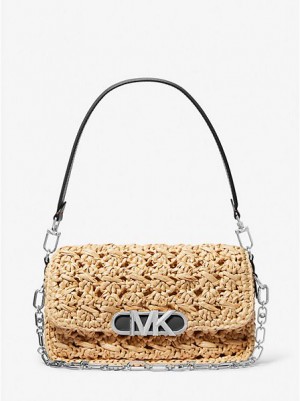 Michael Kors Parker Medium Woven Straw Schoudertassen Dames Beige Zwart | 461287-QJZ