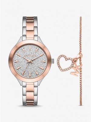 Michael Kors Pave And Heart Bracelet Set Horloge Dames Zilver Roze | 824917-FLY