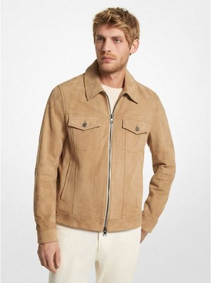 Michael Kors Suede Zip-up Trucker Jassen Heren Khaki | 435260-MDE