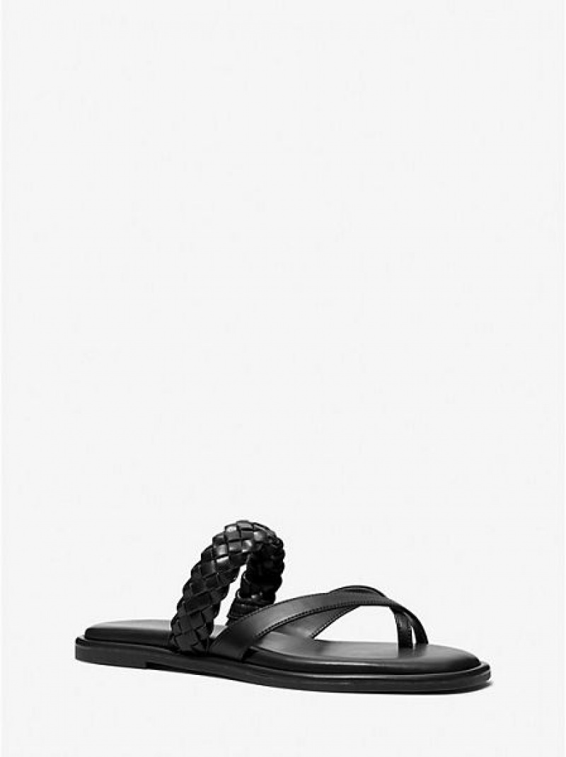 Michael Kors Alba Braided Faux Leren Badslippers Sandalen Dames Zwart | 176280-NTS