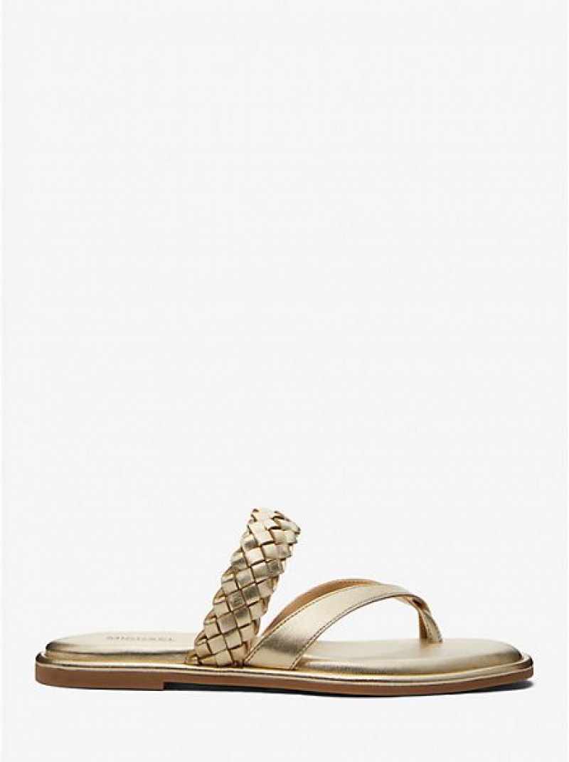 Michael Kors Alba Braided Metallic Faux Leren Badslippers Sandalen Dames Goud | 947150-IHZ