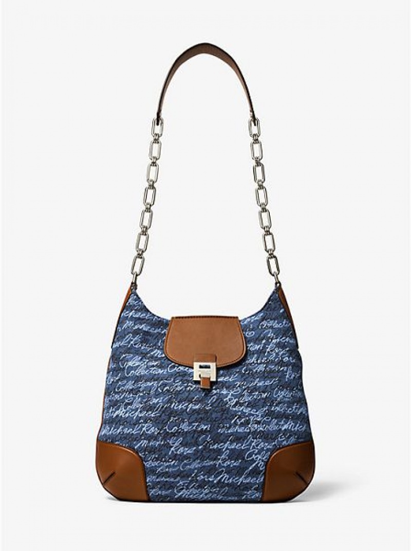 Michael Kors Bancroft Oversized Signature Print Denim Schoudertassen Dames Blauw | 378605-EHI