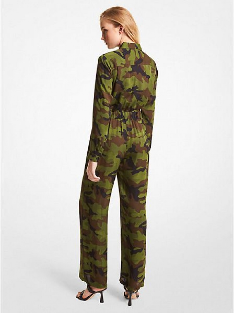 Michael Kors Camouflage Silk Georgette Jumpsuit Dames Olijfgroen | 056984-BQP