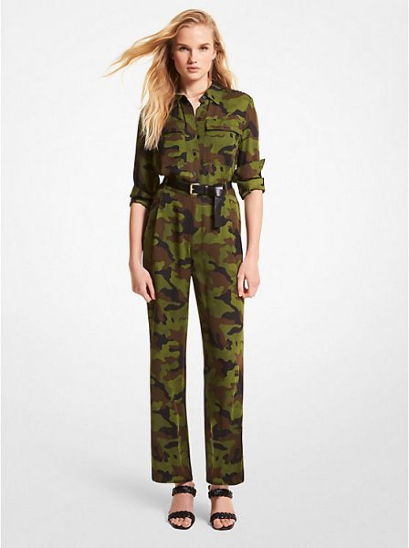 Michael Kors Camouflage Silk Georgette Jumpsuit Dames Olijfgroen | 056984-BQP