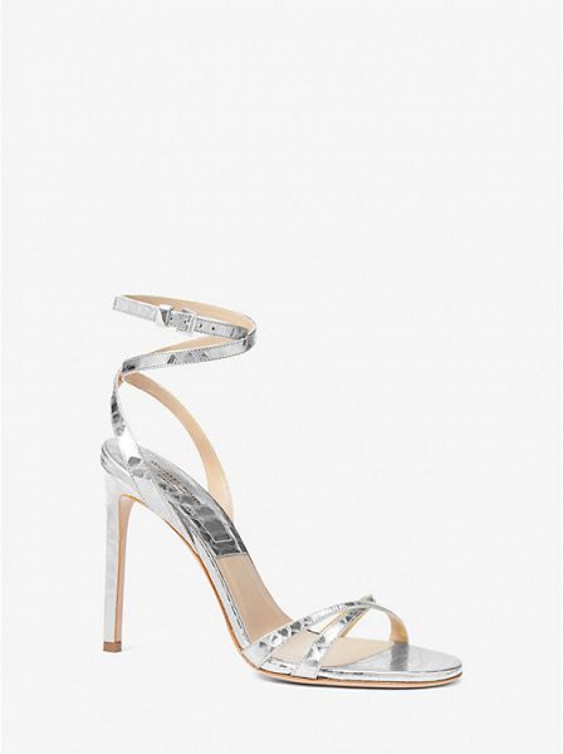 Michael Kors Chrissy Metallic Python Embossed Leren Sandalen Dames Zilver | 571432-AFU