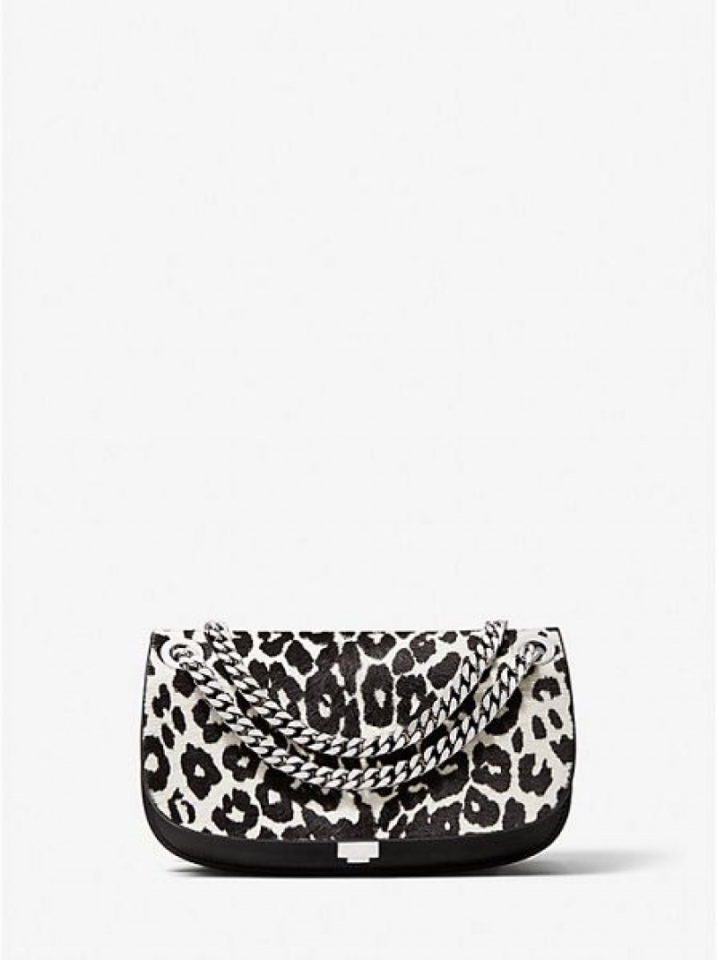 Michael Kors Christie Leopard Print Calf Hair And Leren Envelope Mini Tassen Dames Zwart Wit | 943871-PSM