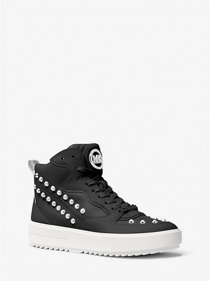 Michael Kors Emmett Studded Stripe Leren Hoge Sneakers Dames Zwart | 165083-VUY