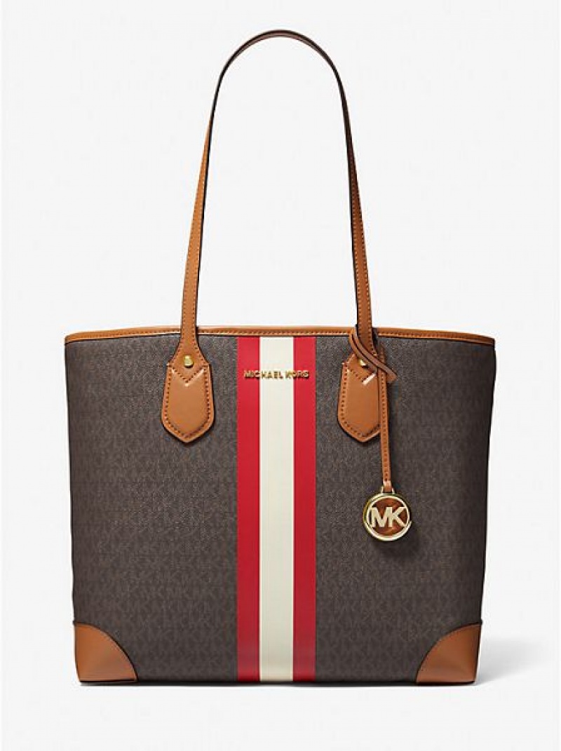 Michael Kors Eva Large Signature Logo Stripe Tote Tassen Dames Lichtrood | 436817-FXP