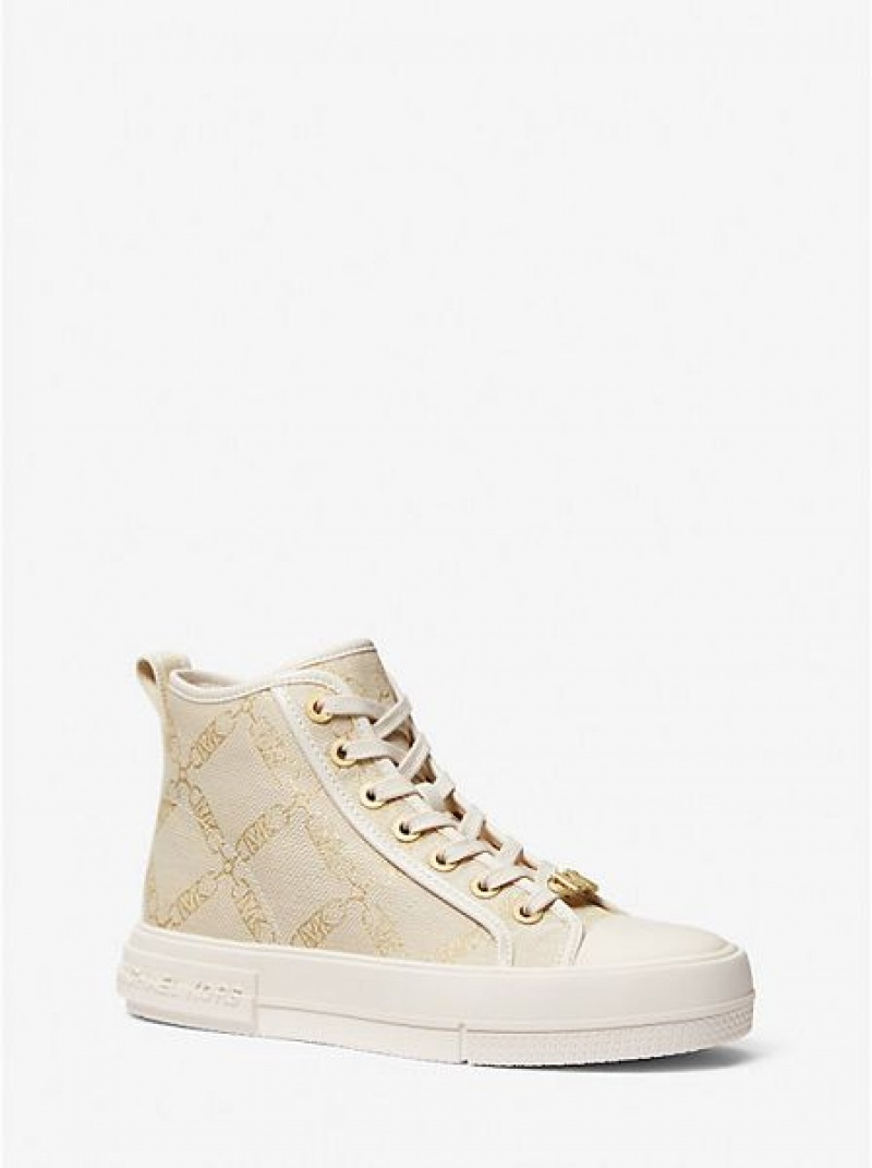 Michael Kors Evy Metallic Empire Logo Jacquard Hoge Sneakers Dames Goud Beige | 561298-SOC