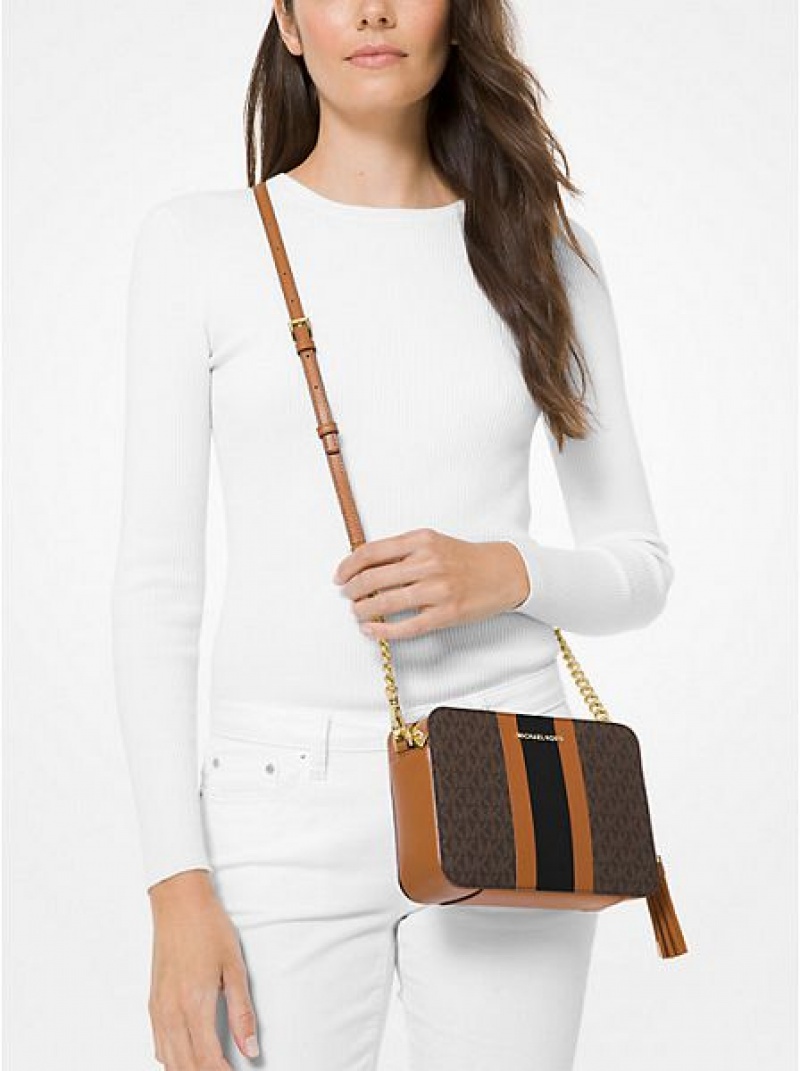 Michael Kors Ginny Medium Logo Stripe Crossbodytassen Dames Bruin | 395108-XSQ