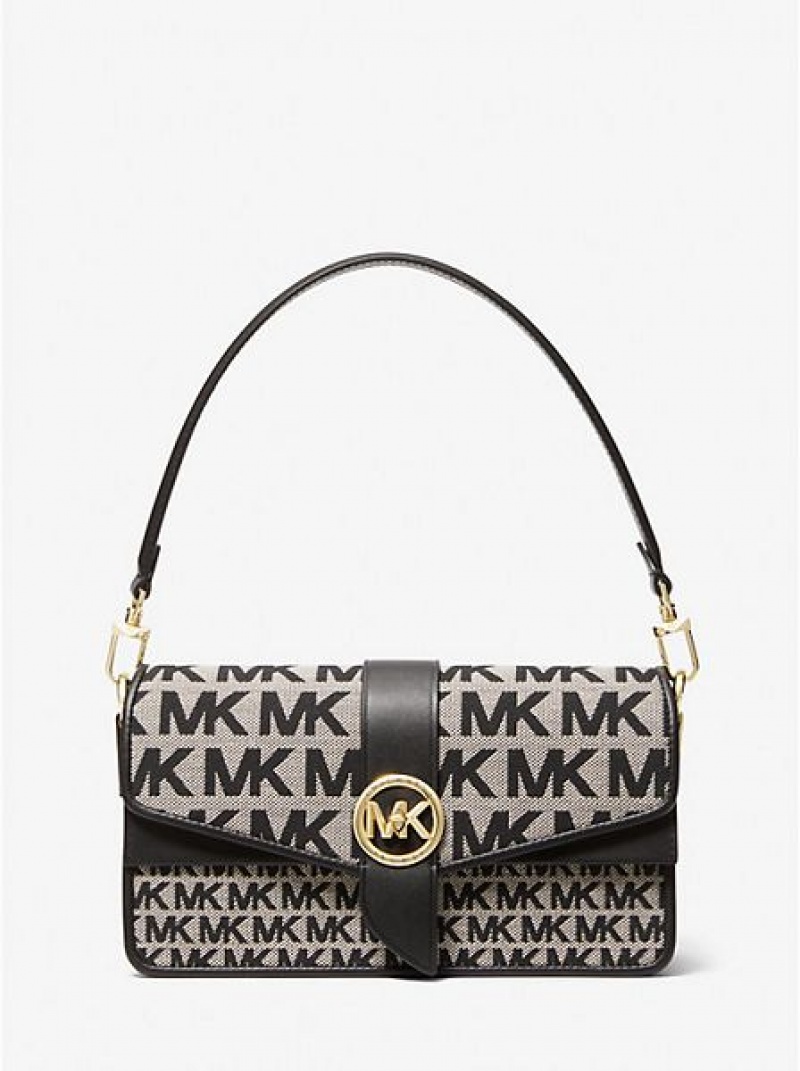 Michael Kors Greenwich Medium Logo Jacquard Schoudertassen Dames Beige Zwart | 462753-IFW