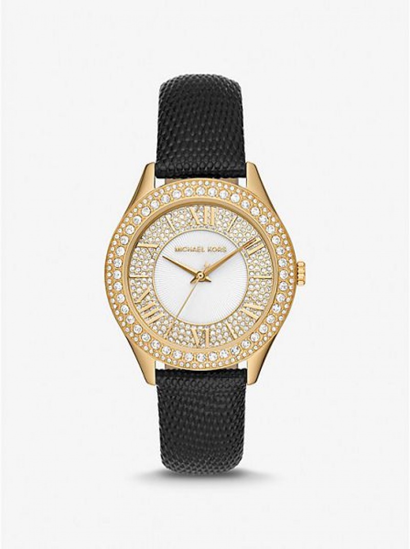 Michael Kors Harlowe Pave And Lizard Embossed Leren Riemen Horloge Dames Goud | 130769-QIF