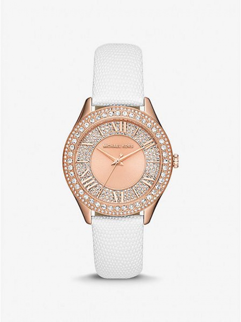 Michael Kors Harlowe Pave And Lizard Embossed Leren Riemen Horloge Dames Roze Goud | 674802-LHM