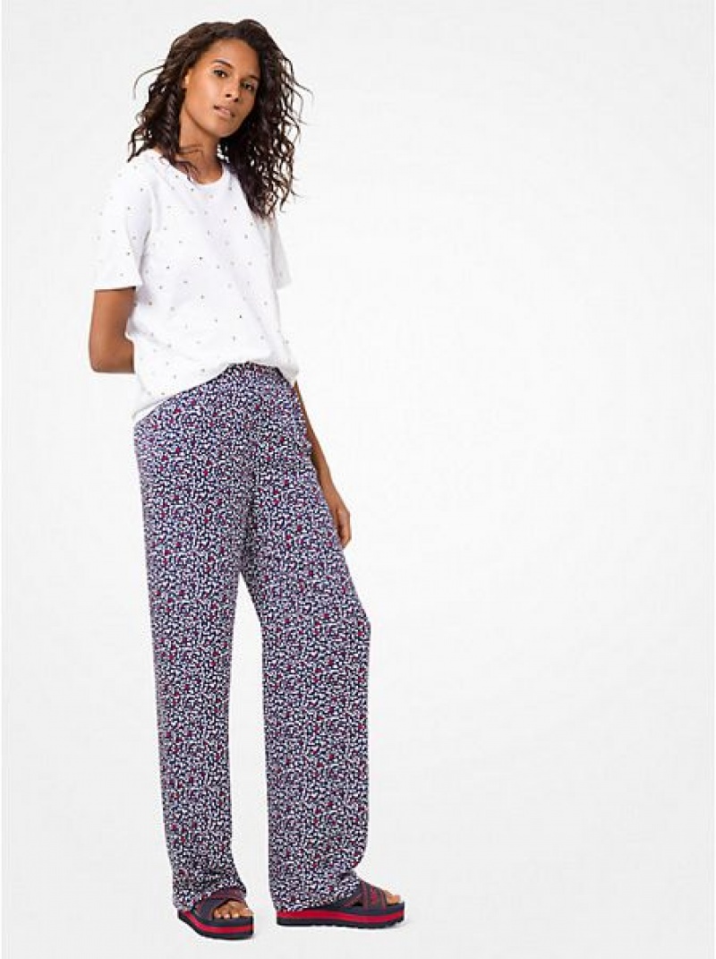 Michael Kors Heart-print Silk-georgette Pajama Broek Dames Wit Donkerblauw | 832470-ERQ