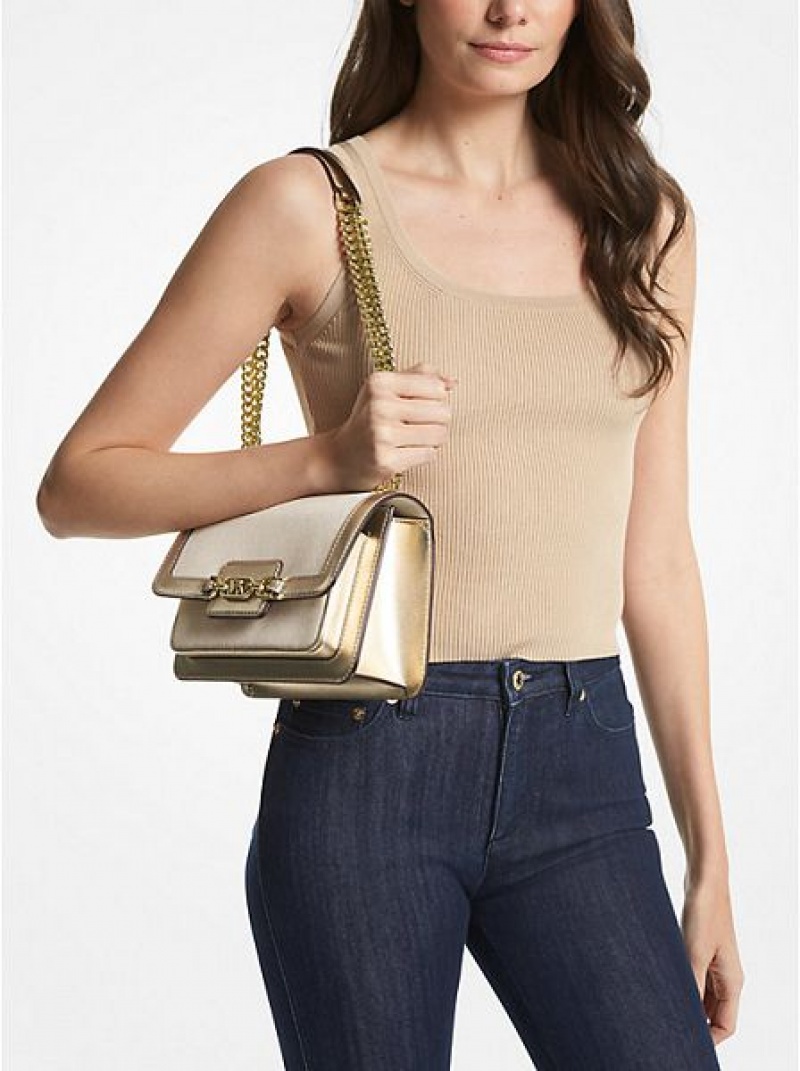 Michael Kors Heather Large Canvas And Metallic Faux Leren Schoudertassen Dames Goud Beige | 431695-FPH