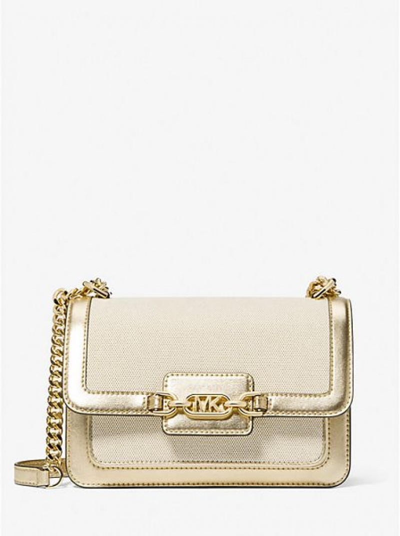 Michael Kors Heather Large Canvas And Metallic Faux Leren Schoudertassen Dames Goud Beige | 431695-FPH