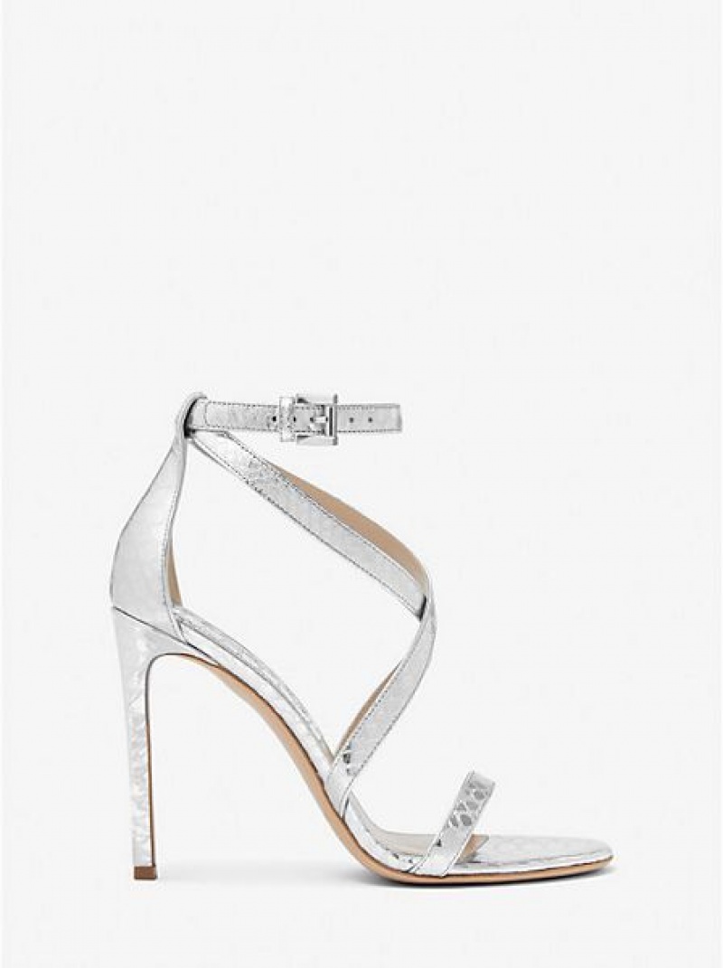 Michael Kors Ingrid Metallic Python Embossed Leren Sandalen Dames Zilver | 596048-IAS