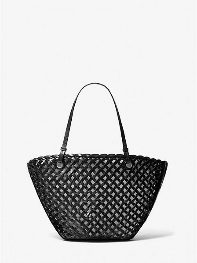 Michael Kors Isabella Medium Hand-woven Leren Tote Tassen Dames Zwart | 952674-SLC