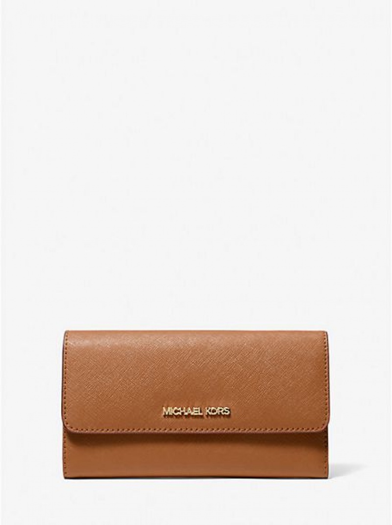 Michael Kors Jet Set Travel Crossgrain Leren Tri-fold Portefeuille Dames Bruin | 608921-ZVC