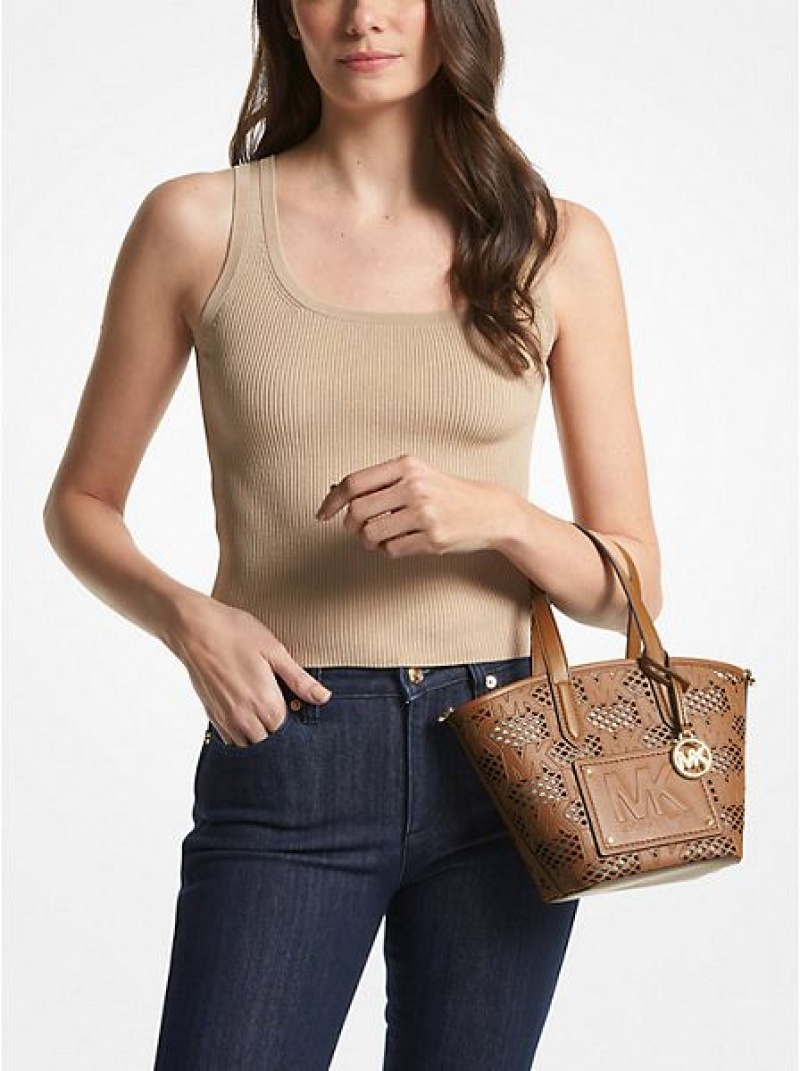 Michael Kors Kimber Small 2-in-1 Perforated And Embossed Faux Leren Tote Tassen Dames Bruin | 750983-TWD