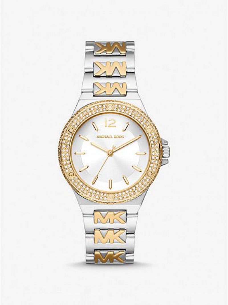 Michael Kors Lennox Pave Logo Horloge Dames Zilver Goud | 802394-QUX