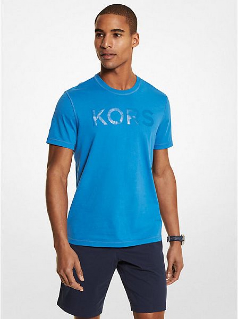 Michael Kors Logo Katoenen T-shirts Heren Blauw | 481675-NTS