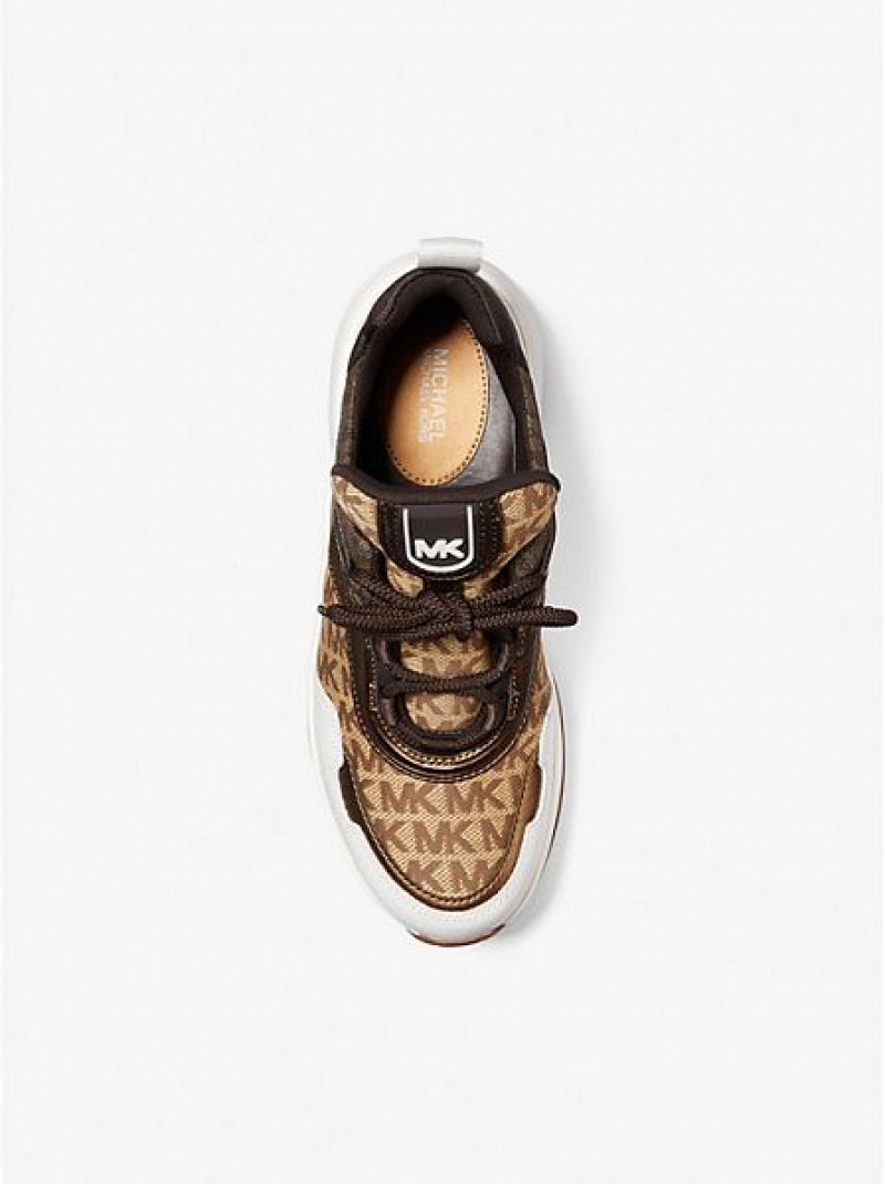 Michael Kors Olympia Logo Jacquard And Metallic Leren Sneakers Dames Beige Bruin | 374609-LGV