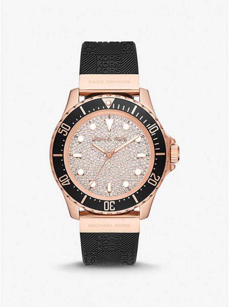 Michael Kors Oversized Slim Everest Pave And Embossed Siliconen Horloge Dames Zwart Roze Goud | 782915-CGO