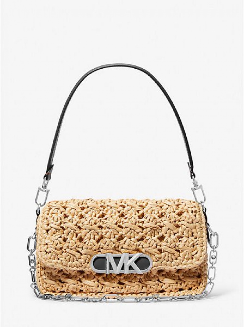 Michael Kors Parker Medium Woven Straw Schoudertassen Dames Beige Zwart | 461287-QJZ