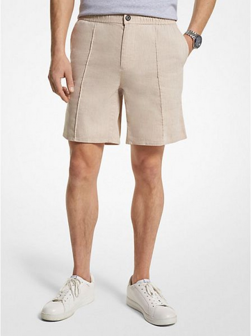 Michael Kors Pintucked Linen And Katoenen Blend Korte Broek Heren Khaki | 136425-LHQ