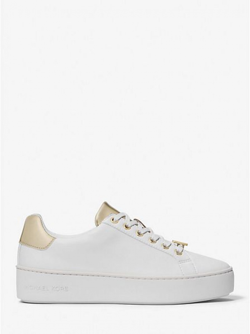 Michael Kors Poppy Two-tone Faux Leren Sneakers Dames Wit Goud | 635180-VDA