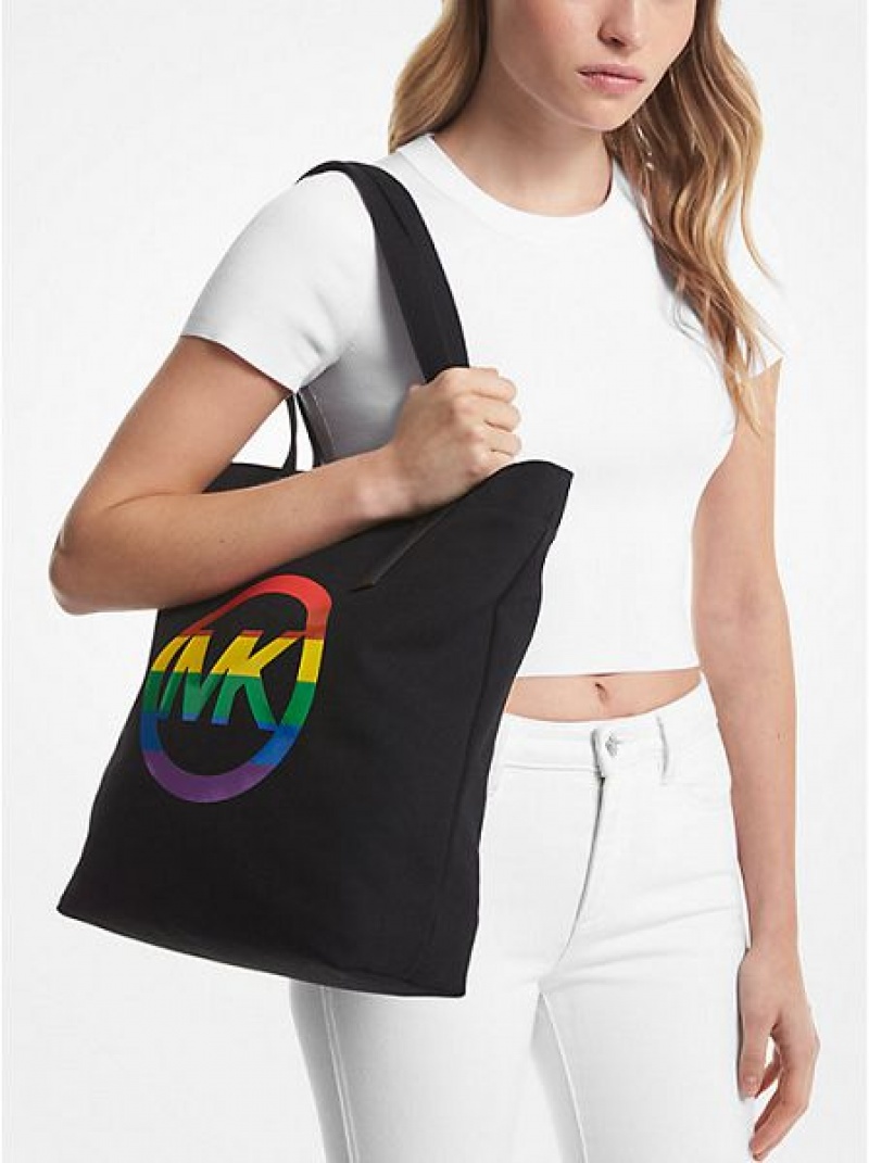 Michael Kors Pride Rainbow Logo Katoenen Tote Tassen Dames Zwart | 718530-BIZ