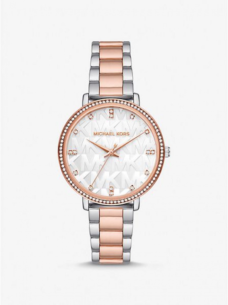 Michael Kors Pyper Embossed Logo Horloge Dames Zilver Roze | 261597-WYK