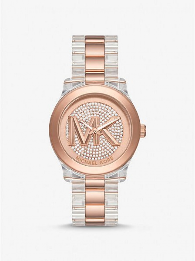 Michael Kors Runway Pave And Acetate Horloge Dames Roze Goud | 068597-XNA