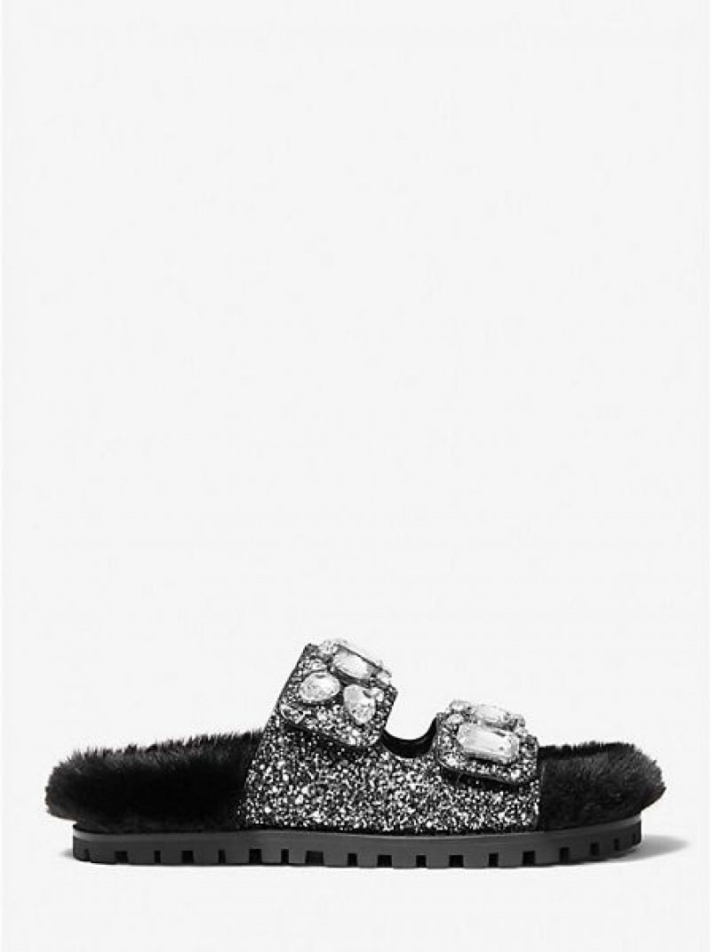 Michael Kors Stark Embellished Glitter And Faux Fur Schuifsandalen Dames Zwart Zilver | 386072-QKF