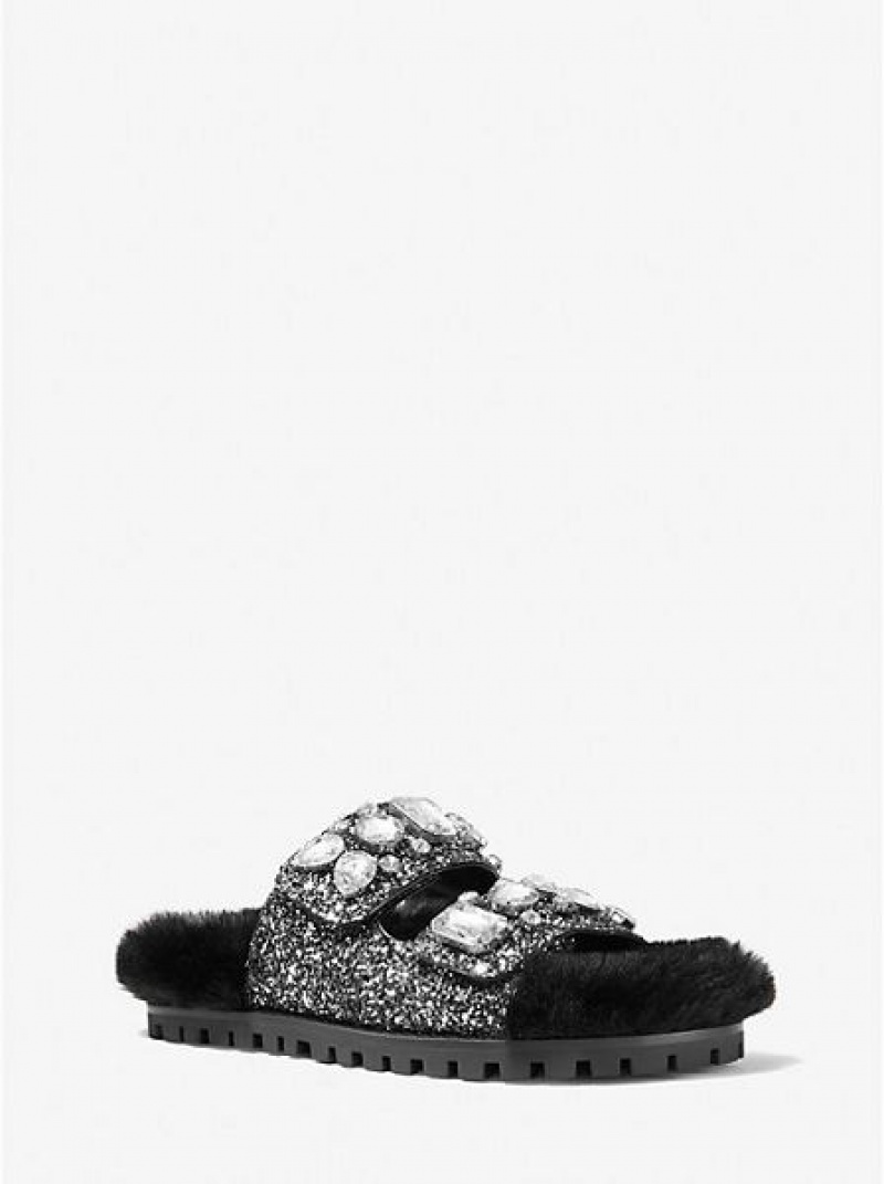 Michael Kors Stark Embellished Glitter And Faux Fur Schuifsandalen Dames Zwart Zilver | 386072-QKF