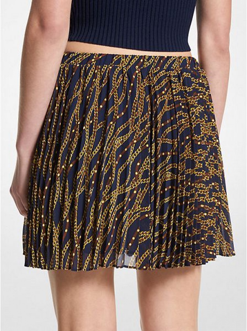 Michael Kors Status Print Georgette Geplooid Rokken Dames Donkerblauw Goud | 201859-EMF