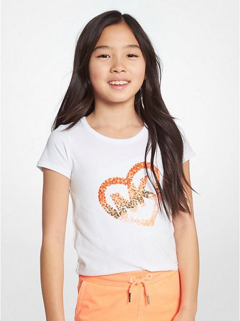 Michael Kors Stretch Katoenen Sequined Logo Heart T-shirts Kinderen Wit | 948352-TCB